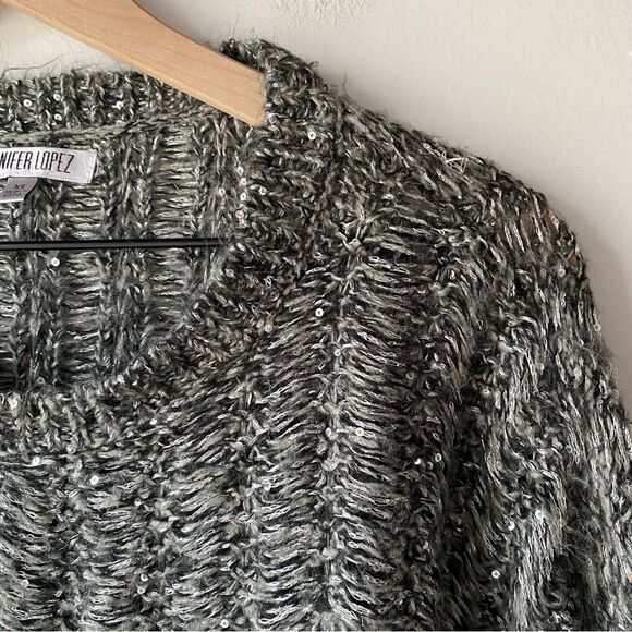 jennifer lopez gray sequin fuzzy flowy sweater size xs - Picture 4 of 8
